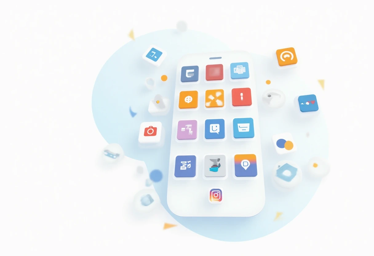 Schwebende App-Icons auf einem farbenfrohen Hintergrund